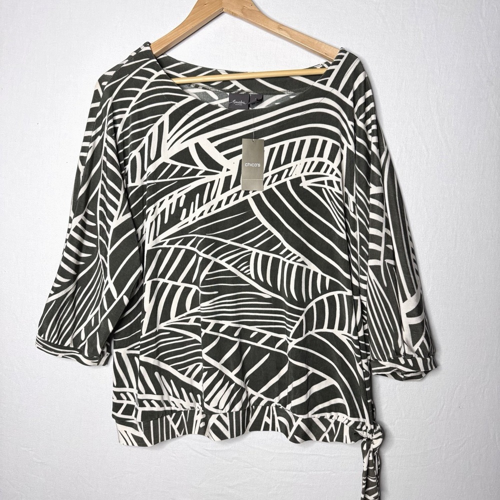 Chicos Travelers‎ Top NEW Sz XL Green Leaf Print Tie Hem Stretch Career Travel